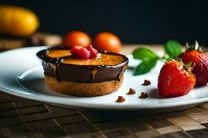 une Chocolat Tarte sur une assiette avec des fraises. généré par ai photo