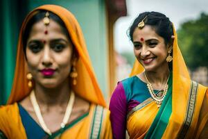 deux femmes dans coloré saris souriant. généré par ai photo