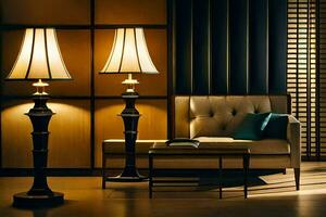 une vivant pièce avec une canapé, lampe et tableau. généré par ai photo