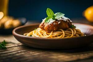 spaghetti avec Boulettes de viande dans une bol. généré par ai photo