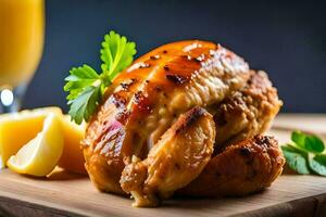 une poulet avec citron et persil sur une Coupe planche. généré par ai photo