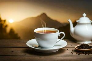 une tasse de café et une théière sur une en bois tableau. généré par ai photo