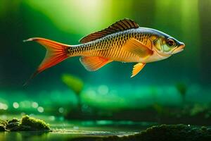 une poisson est en volant plus de une étang dans le forêt. généré par ai photo