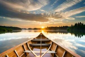 une canoë est flottant sur une Lac à le coucher du soleil. généré par ai photo