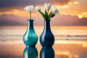 deux bleu des vases avec blanc fleurs sur le plage. généré par ai photo