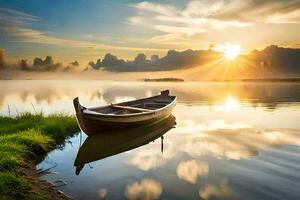 le bateau est sur le l'eau à lever du soleil. généré par ai photo