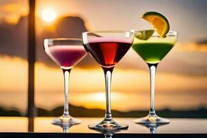 Trois des cocktails sont séance sur une table avec le le coucher du soleil dans le Contexte. généré par ai photo