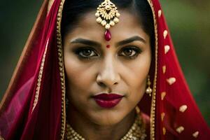 une magnifique Indien femme portant une rouge sari. généré par ai photo