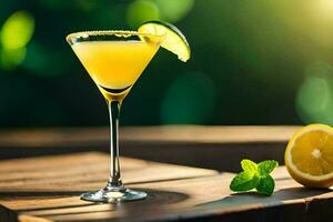 une cocktail avec citron et menthe sur une en bois tableau. généré par ai photo