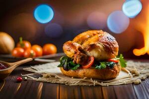 une poulet sandwich sur une assiette avec des légumes et tomates. généré par ai photo