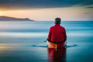 homme dans une canoë à le coucher du soleil. généré par ai photo