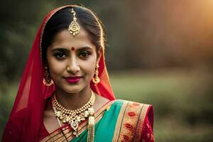 une magnifique Indien femme dans une traditionnel sari. généré par ai photo