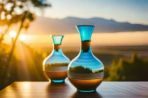 deux des vases avec une le coucher du soleil dans le Contexte. généré par ai photo