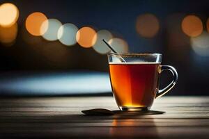 une tasse de thé sur une en bois table avec une allumé en haut Contexte. généré par ai photo