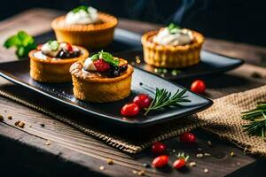 petit tartes avec crème et cerises sur une noir plaque. généré par ai photo