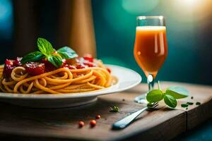 spaghetti avec tomate sauce et basilic feuilles sur une plaque. généré par ai photo