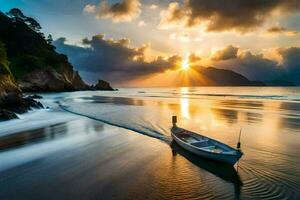 le bateau sur le plage à le coucher du soleil. généré par ai photo