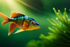 une poisson nager dans le l'eau avec vert les plantes. généré par ai photo