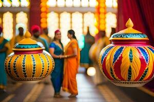 une couple est permanent dans de face de coloré lanternes. généré par ai photo