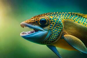 une proche en haut de une poisson avec ses bouche ouvert. généré par ai photo