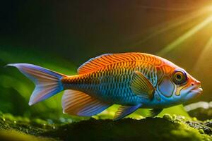 une poisson avec brillant Orange et bleu couleurs. généré par ai photo