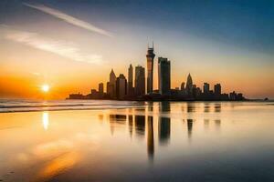 le Soleil ensembles plus de le ville horizon dans Dubai. généré par ai photo