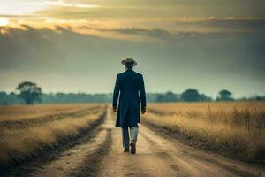 une homme dans une costume des promenades vers le bas une saleté route. généré par ai photo