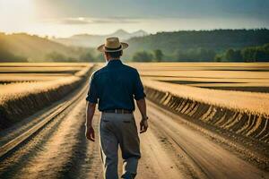 une homme dans une chapeau des promenades vers le bas une saleté route. généré par ai photo