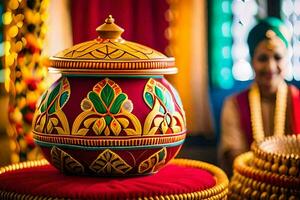 une coloré pot avec une femme dans traditionnel tenue. généré par ai photo