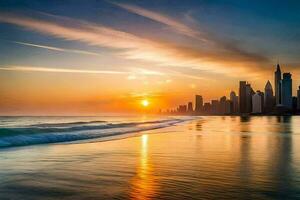 le Soleil ensembles plus de le ville horizon dans Chicago. généré par ai photo