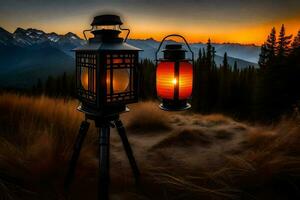 deux lanternes sur une trépied dans de face de une Montagne. généré par ai photo