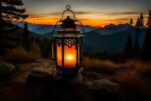 une lanterne est allumé sur une Roche dans de face de une Montagne. généré par ai photo