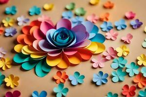 une coloré papier fleur est entouré par beaucoup différent coloré fleurs. généré par ai photo