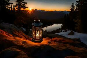 une lanterne est allumé en haut sur une Montagne à le coucher du soleil. généré par ai photo