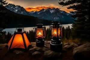 camping lanternes sur le rochers. généré par ai photo