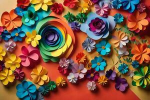 coloré papier fleurs sur une coloré Contexte. généré par ai photo