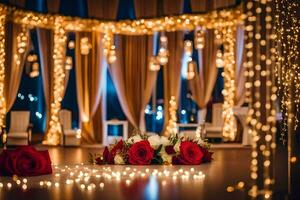 une mariage la cérémonie avec rouge des roses et bougies. généré par ai photo