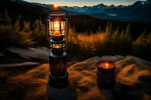une lanterne et une bougie asseoir sur Haut de une Montagne. généré par ai photo