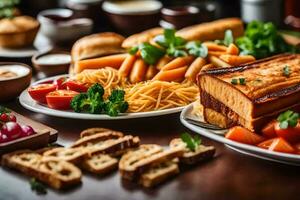 une table avec nourriture et les boissons sur il. généré par ai photo