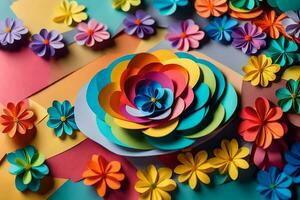 coloré papier fleurs sur une coloré Contexte. généré par ai photo