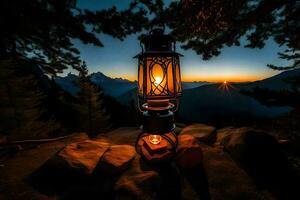 une lanterne allumé en haut à le coucher du soleil dans le montagnes. généré par ai photo