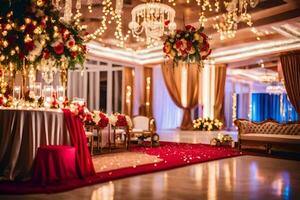 une mariage accueil avec rouge tapis et blanc chaises. généré par ai photo