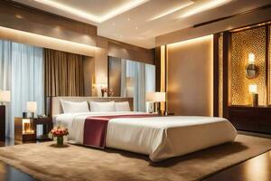 une lit ou des lits dans une pièce à le ritz carlton Pékin. généré par ai photo