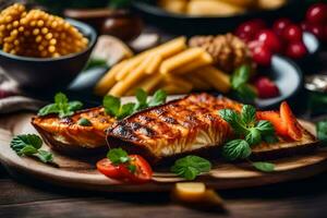 grillé poisson et des légumes sur une en bois planche. généré par ai photo