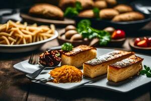 une assiette de nourriture avec pain et patates. généré par ai photo