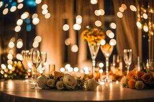 une table avec bougies et fleurs dans de face de une toile de fond de lumières. généré par ai photo