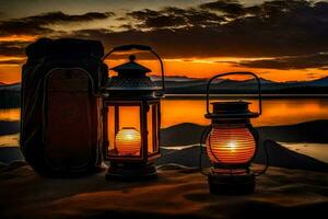 lanternes sur le plage à le coucher du soleil. généré par ai photo