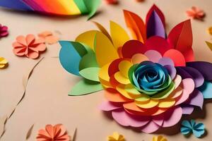 une coloré papier fleur est fabriqué en dehors de papier. généré par ai photo