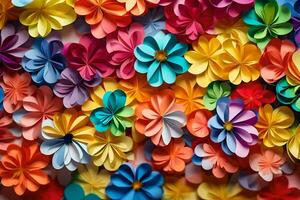 une grand groupe de coloré papier fleurs. généré par ai photo