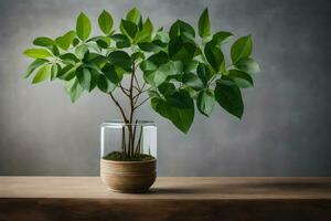 une mis en pot plante dans une verre vase sur une tableau. généré par ai photo